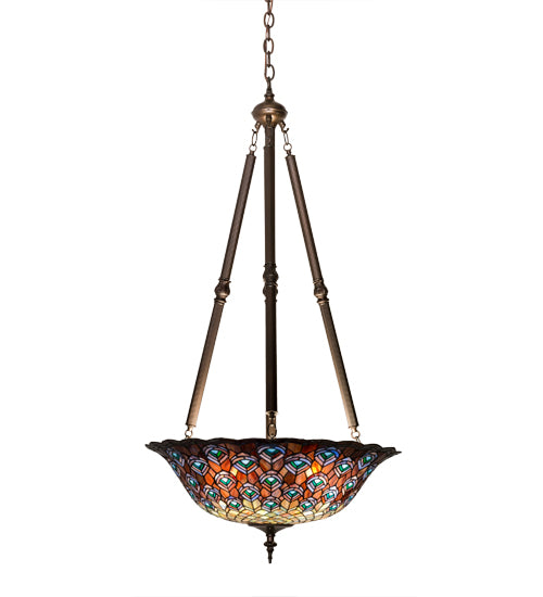 Meyda Lighting Tiffany Peacock Feather 24" 4-Light Mahogany Bronze Inverted Pendant Light With Multi-Colored Stained Shade Glass