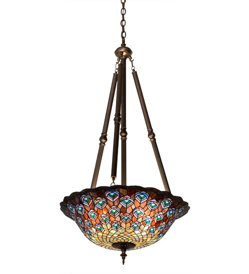 Meyda Lighting Tiffany Peacock Feather 24" 4-Light Mahogany Bronze Inverted Pendant Light With Multi-Colored Stained Shade Glass
