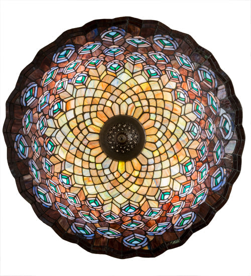 Meyda Lighting Tiffany Peacock Feather 24" 4-Light Mahogany Bronze Inverted Pendant Light With Multi-Colored Stained Shade Glass