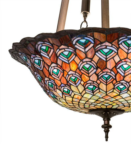 Meyda Lighting Tiffany Peacock Feather 24" 4-Light Mahogany Bronze Inverted Pendant Light With Multi-Colored Stained Shade Glass