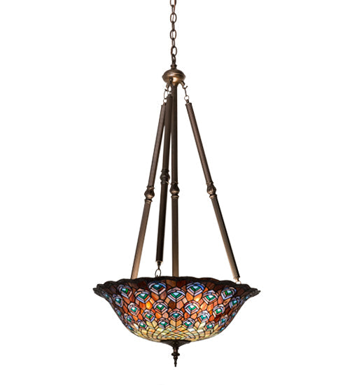 Meyda Lighting Tiffany Peacock Feather 24" 4-Light Mahogany Bronze Inverted Pendant Light With Multi-Colored Stained Shade Glass