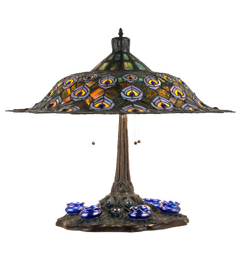 Meyda Lighting Tiffany Peacock Feather 27" 3-Light Mahogany Bronze Table Lamp With Multi-Colored Shade Glass