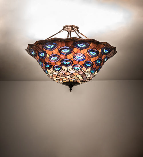 Meyda Lighting Tiffany Peacock Feather 28" 6-Light Mahogany Bronze Inverted Pendant Light With Multi-Colored Stained Shade Glass