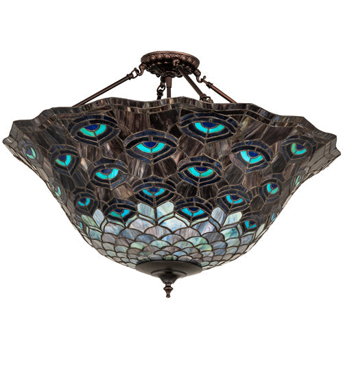 Meyda Lighting Tiffany Peacock Feather 28" 6-Light Mahogany Bronze Inverted Pendant Light With Multi-Colored Stained Shade Glass