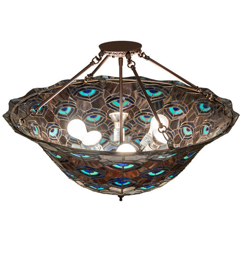 Meyda Lighting Tiffany Peacock Feather 28" 6-Light Mahogany Bronze Inverted Pendant Light With Multi-Colored Stained Shade Glass