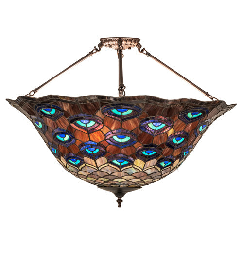 Meyda Lighting Tiffany Peacock Feather 28" 6-Light Mahogany Bronze Inverted Pendant Light With Multi-Colored Stained Shade Glass
