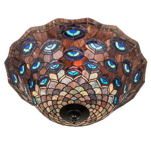 Meyda Lighting Tiffany Peacock Feather 28" 6-Light Mahogany Bronze Inverted Pendant Light With Multi-Colored Stained Shade Glass