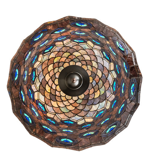 Meyda Lighting Tiffany Peacock Feather 28" 6-Light Mahogany Bronze Inverted Pendant Light With Multi-Colored Stained Shade Glass