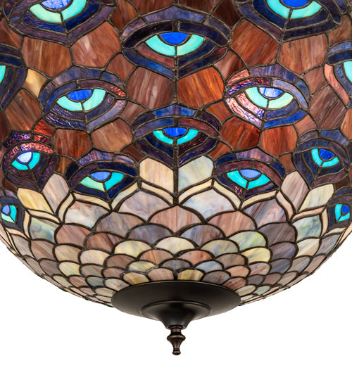 Meyda Lighting Tiffany Peacock Feather 28" 6-Light Mahogany Bronze Inverted Pendant Light With Multi-Colored Stained Shade Glass