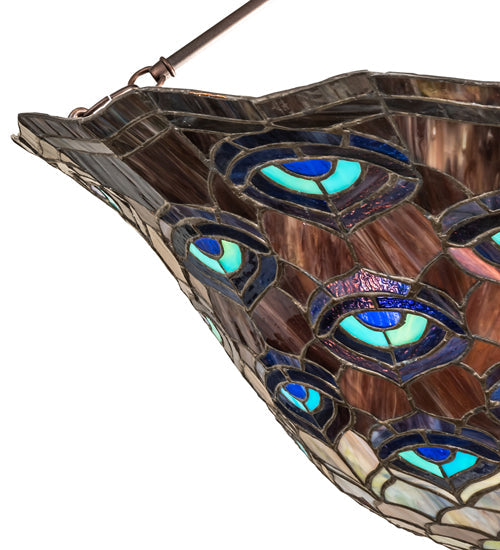 Meyda Lighting Tiffany Peacock Feather 28" 6-Light Mahogany Bronze Inverted Pendant Light With Multi-Colored Stained Shade Glass
