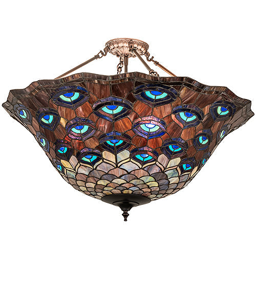 Meyda Lighting Tiffany Peacock Feather 28" 6-Light Mahogany Bronze Inverted Pendant Light With Multi-Colored Stained Shade Glass