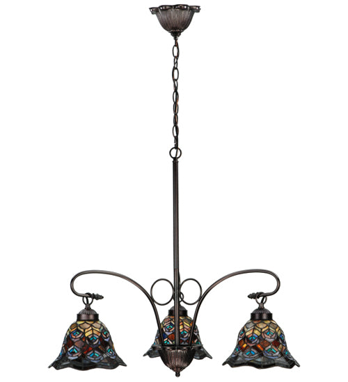 Meyda Lighting Tiffany Peacock Feather 30" 3-Light Mahogany Bronze Chandelier With Multi-Colored Shade Glass