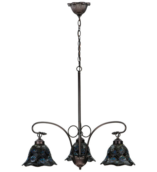 Meyda Lighting Tiffany Peacock Feather 30" 3-Light Mahogany Bronze Chandelier With Multi-Colored Shade Glass