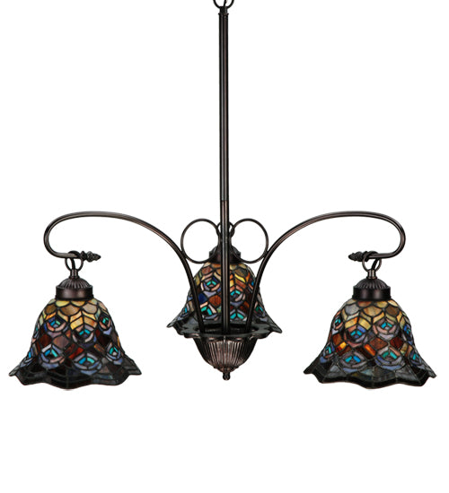 Meyda Lighting Tiffany Peacock Feather 30" 3-Light Mahogany Bronze Chandelier With Multi-Colored Shade Glass