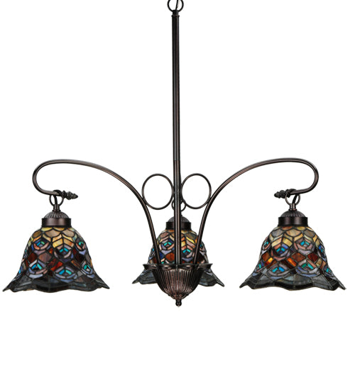 Meyda Lighting Tiffany Peacock Feather 30" 3-Light Mahogany Bronze Chandelier With Multi-Colored Shade Glass
