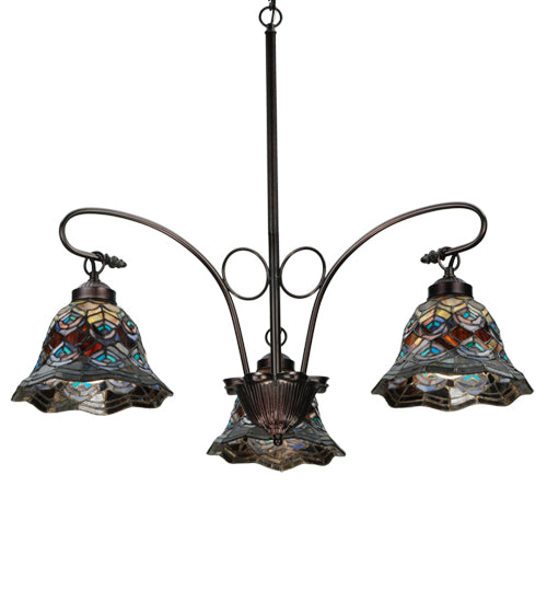 Meyda Lighting Tiffany Peacock Feather 30" 3-Light Mahogany Bronze Chandelier With Multi-Colored Shade Glass