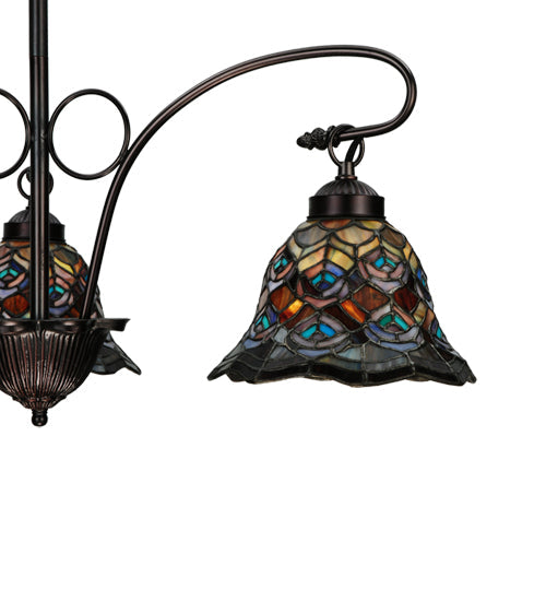 Meyda Lighting Tiffany Peacock Feather 30" 3-Light Mahogany Bronze Chandelier With Multi-Colored Shade Glass
