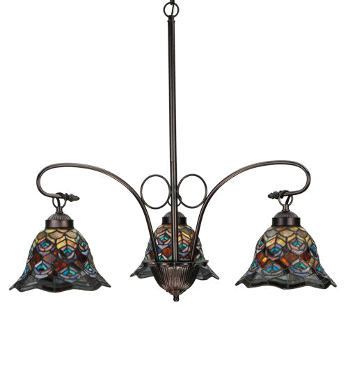 Meyda Lighting Tiffany Peacock Feather 30" 3-Light Mahogany Bronze Chandelier With Multi-Colored Shade Glass