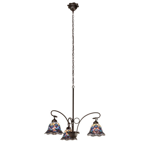 Meyda Lighting Tiffany Peacock Feather 32" 3-Light Mahogany Bronze Chandelier With Multi-Colored Shade Glass