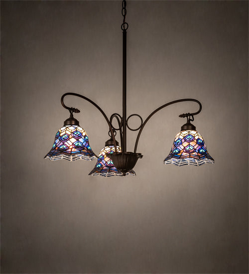 Meyda Lighting Tiffany Peacock Feather 32" 3-Light Mahogany Bronze Chandelier With Multi-Colored Shade Glass