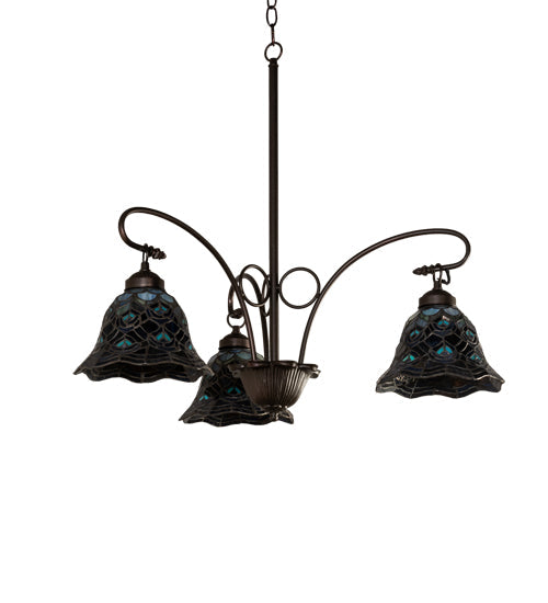 Meyda Lighting Tiffany Peacock Feather 32" 3-Light Mahogany Bronze Chandelier With Multi-Colored Shade Glass