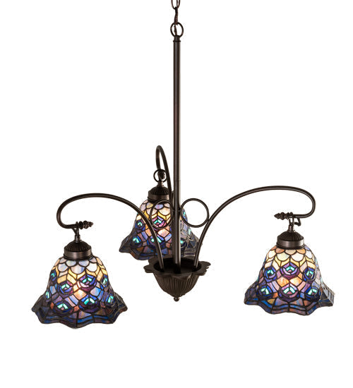 Meyda Lighting Tiffany Peacock Feather 32" 3-Light Mahogany Bronze Chandelier With Multi-Colored Shade Glass