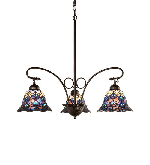 Meyda Lighting Tiffany Peacock Feather 32" 3-Light Mahogany Bronze Chandelier With Multi-Colored Shade Glass