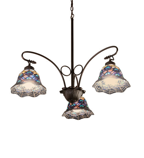 Meyda Lighting Tiffany Peacock Feather 32" 3-Light Mahogany Bronze Chandelier With Multi-Colored Shade Glass