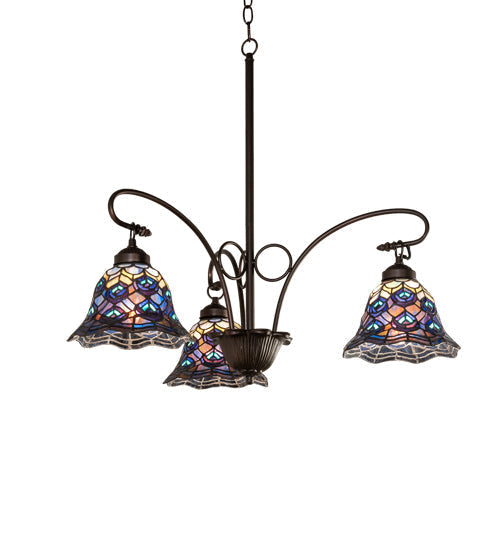 Meyda Lighting Tiffany Peacock Feather 32" 3-Light Mahogany Bronze Chandelier With Multi-Colored Shade Glass