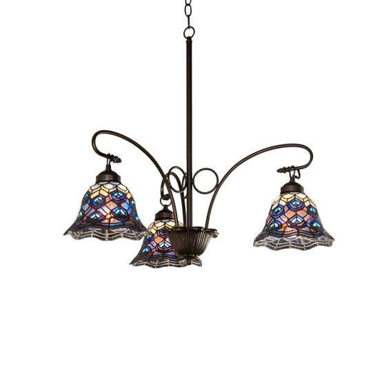 Meyda Lighting Tiffany Peacock Feather 32" 3-Light Mahogany Bronze Chandelier With Multi-Colored Shade Glass
