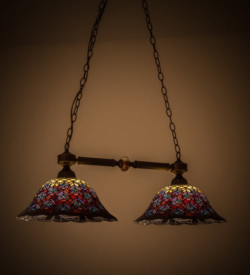 Meyda Lighting Tiffany Peacock Feather 37" 2-Light Mahogany Bronze Island Pendant Light With Multi-Colored Shade Glass