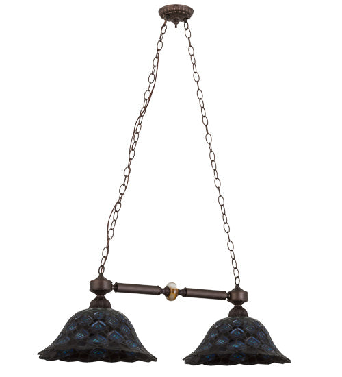 Meyda Lighting Tiffany Peacock Feather 37" 2-Light Mahogany Bronze Island Pendant Light With Multi-Colored Shade Glass