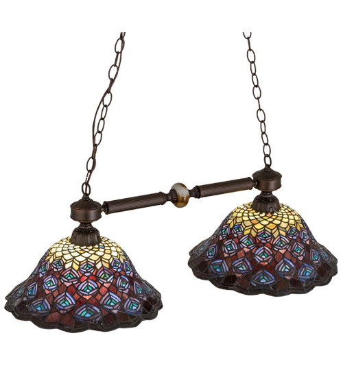 Meyda Lighting Tiffany Peacock Feather 37" 2-Light Mahogany Bronze Island Pendant Light With Multi-Colored Shade Glass