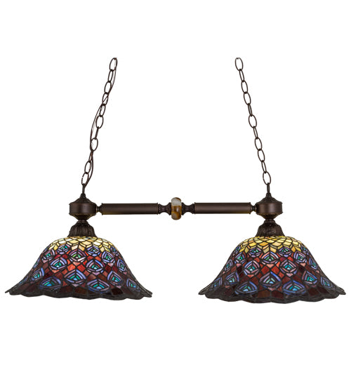 Meyda Lighting Tiffany Peacock Feather 37" 2-Light Mahogany Bronze Island Pendant Light With Multi-Colored Shade Glass