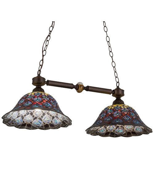 Meyda Lighting Tiffany Peacock Feather 37" 2-Light Mahogany Bronze Island Pendant Light With Multi-Colored Shade Glass