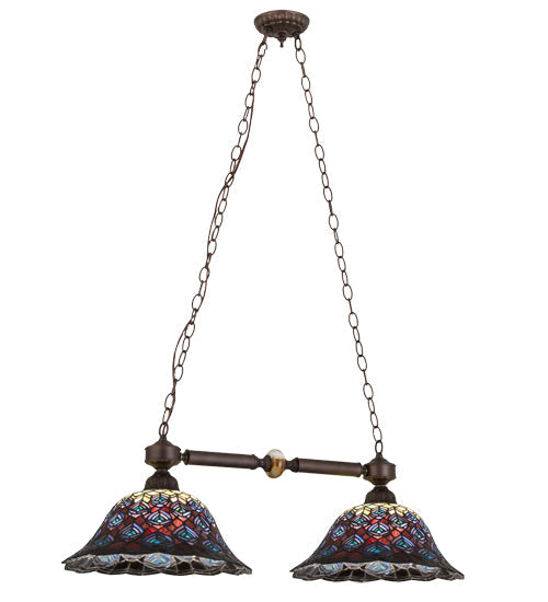 Meyda Lighting Tiffany Peacock Feather 37" 2-Light Mahogany Bronze Island Pendant Light With Multi-Colored Shade Glass