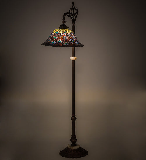 Meyda Lighting Tiffany Peacock Feather 61" Mahogany Bronze Bridge Arm Floor Lamp With Multi-Colored Stained Shade Glass