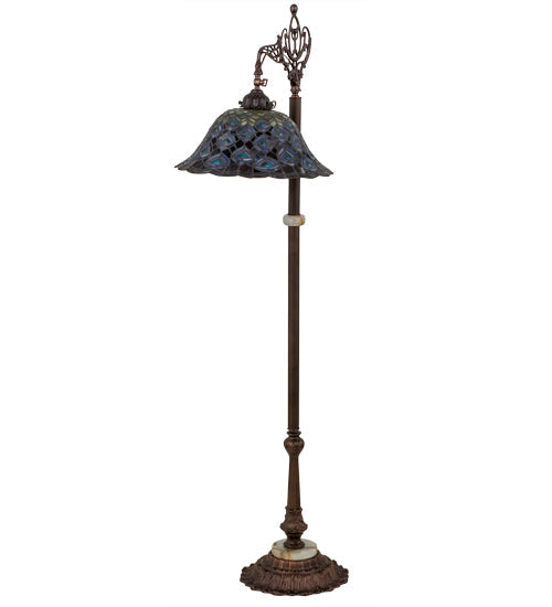 Meyda Lighting Tiffany Peacock Feather 61" Mahogany Bronze Bridge Arm Floor Lamp With Multi-Colored Stained Shade Glass