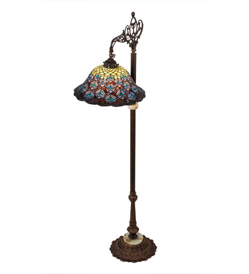 Meyda Lighting Tiffany Peacock Feather 61" Mahogany Bronze Bridge Arm Floor Lamp With Multi-Colored Stained Shade Glass