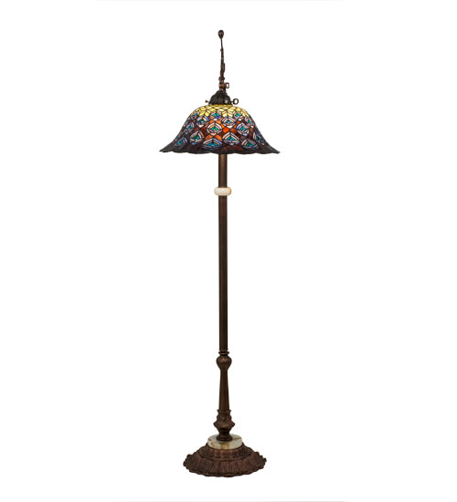 Meyda Lighting Tiffany Peacock Feather 61" Mahogany Bronze Bridge Arm Floor Lamp With Multi-Colored Stained Shade Glass