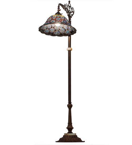 Meyda Lighting Tiffany Peacock Feather 61" Mahogany Bronze Bridge Arm Floor Lamp With Multi-Colored Stained Shade Glass