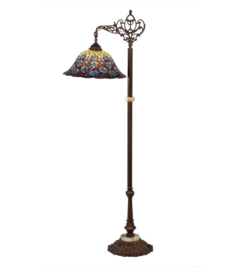 Meyda Lighting Tiffany Peacock Feather 61" Mahogany Bronze Bridge Arm Floor Lamp With Multi-Colored Stained Shade Glass
