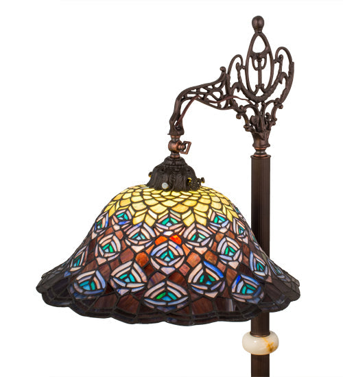 Meyda Lighting Tiffany Peacock Feather 61" Mahogany Bronze Bridge Arm Floor Lamp With Multi-Colored Stained Shade Glass