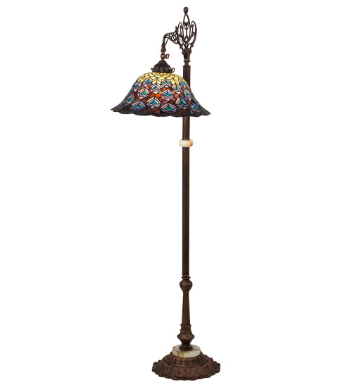 Meyda Lighting Tiffany Peacock Feather 61" Mahogany Bronze Bridge Arm Floor Lamp With Multi-Colored Stained Shade Glass