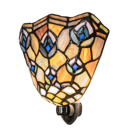 Meyda Lighting Tiffany Peacock Feather 66910 6" Black Night Light With Multi-Colored Shade Glass