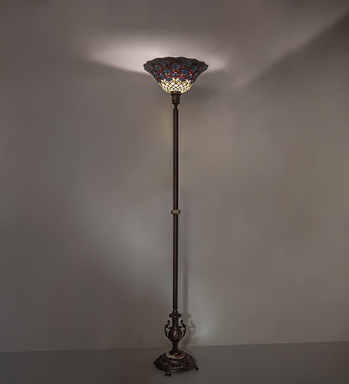 Meyda Lighting Tiffany Peacock Feather 74" Mahogany Bronze Torchiere Floor Lamp With Multi-Colored Shade Glass