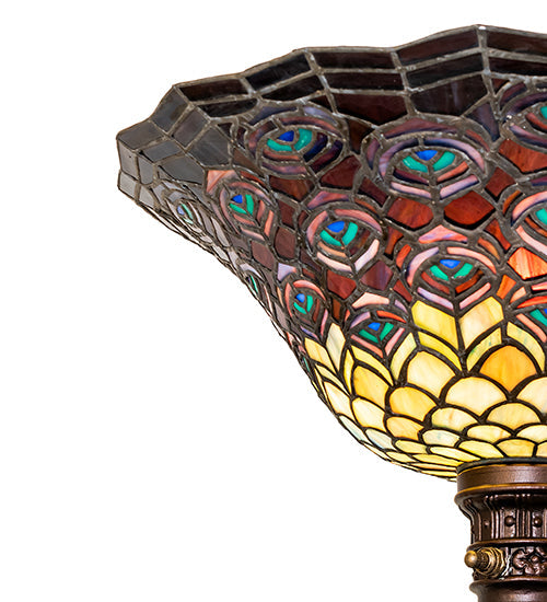 Meyda Lighting Tiffany Peacock Feather 74" Mahogany Bronze Torchiere Floor Lamp With Multi-Colored Shade Glass