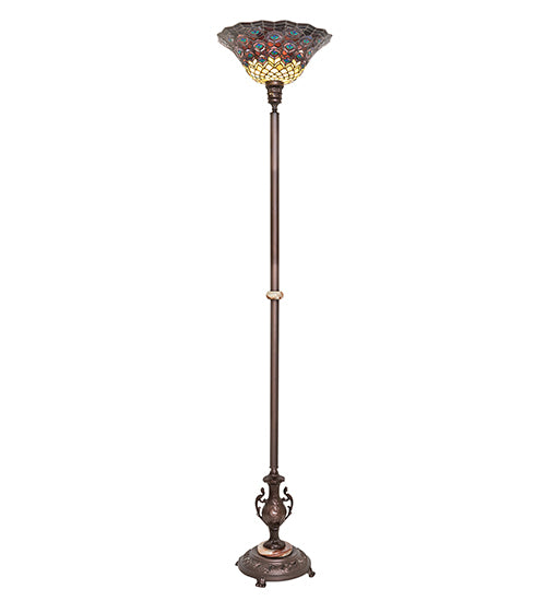 Meyda Lighting Tiffany Peacock Feather 74" Mahogany Bronze Torchiere Floor Lamp With Multi-Colored Shade Glass