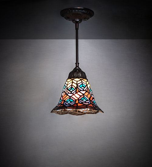 Meyda Lighting Tiffany Peacock Feather 8" Mahogany Bronze Mini Pendant Light With Multi-Colored Stained Shade Glass