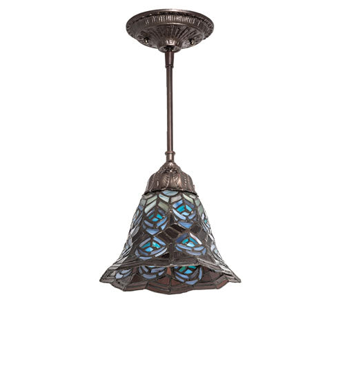 Meyda Lighting Tiffany Peacock Feather 8" Mahogany Bronze Mini Pendant Light With Multi-Colored Stained Shade Glass